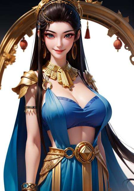 yuanyao,1girl , (masterpiece:1.5), (best quality:1.5), long black hair,blue eyes,light smile,Neck ring,gradient background,(huge breasts), white background,  Gold jewelry, blue_dress, closed_mouth, bangle, looking_at_viewer, upper_body, necklace, earrings <lora:YuanYao_v7:0.7:OUTD>  <lora:YuanYao_v6:0.3:MIDD>