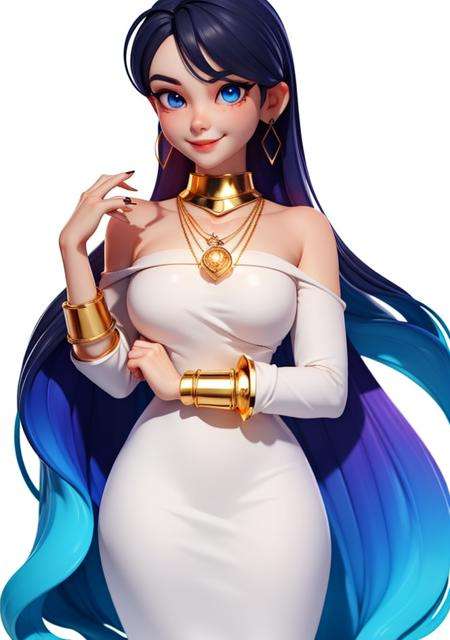 3dcute,1girl toy, masterpiece, best quality, long black hair, Qi bangs,blue eyes,light smile,Neck ring,gradient background,(huge breasts:0.5), white background,  Gold jewelry, blue_dress, closed_mouth, bangle, looking_at_viewer, upper_body, necklace, earrings