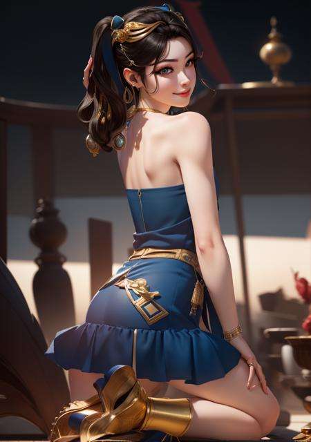 yuanyao,1girl ,solo,(Dynamic pose:1.5) (masterpiece:1.5), (best quality:1.5), long black hair,blue eyes,light smile,Neck ring,gradient background,(huge breasts), white background,  Gold jewelry, blue_dress, closed_mouth, bangle, looking_at_viewer, upper_body, necklace, earrings <lora:YuanYao_v7:0.7:OUTD>  <lora:YuanYao_v6:0.3:MIDD>