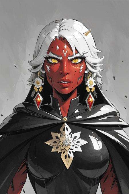 (masterpiece:1.5), (best quality:1.5),inksketch, highres, highly detailed,3DXR,(red skin:1.6),succubus girl,yellow eyes, black pupils ,Scales,black cape, golden floral ornaments, silver hair, gorgeous, diamonds, gemstones, dust, lighting, realistic, surreal, ultra-detailed, simulation style,