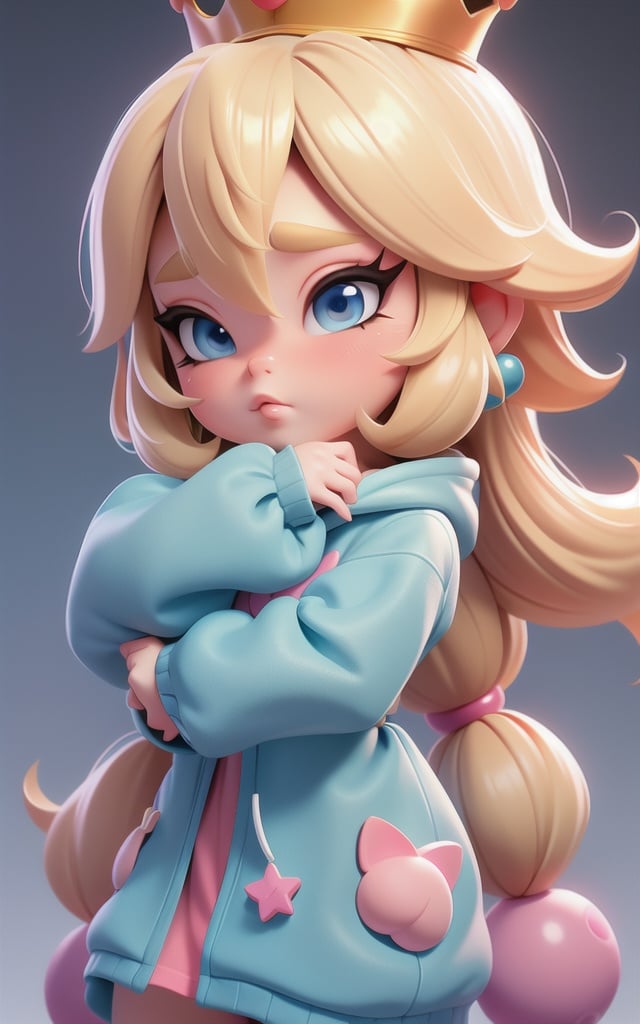 pixar, 1girl, blonde hair, princess peach, blue eyes, jewelry, earrings, crown, hoodie, looking at viewer, solo, hood, long hair, lips, eyelashes, casual, simple background