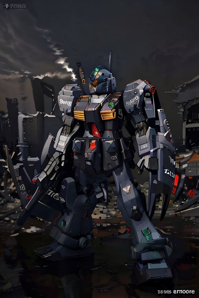 best quality, masterpiece,robot,(mecha robot:1.2), equipped with weapons, standing on a battlefield, (smoke and debris in the air:1.1), (craters on the ground:1.2), (gray and desolate surroundings:1.1), locked on to an enemy target, (red targeting display:1.1), (weapons charged and ready:1.2), (pilot in the cockpit:1.1), (fierce determination:1.2), (helmets equipped:1.1), (advanced technology:1.2), engaged in intense battle, (lasers and missiles:1.1), (explosions and smoke:1.2), (quick and agile maneuvers:1.1), (powerful and devastating attacks:1.2), creating a thrilling and action-packed scene.(Ruins: 1.2), shattered buildings, (debris and dust: 1.1), garbage scattered on the ground, (dilapidated cars and waste: 1.2), (brick and concrete fragments: 1.1), (dim street lights illuminating the road: 1.2), (barren scene: 1.1), destroyed public facilities, (damaged telephone poles and wires: 1.1), (broken or completely destroyed buildings: 1.2), (unmanned streets: 1.1), (heartbreaking scene: 1.2), <lora:zhenbaojimu:1>