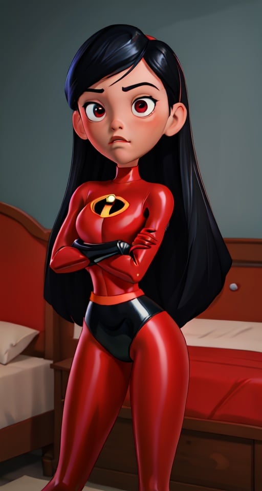 , xyzviolet, 1girl, red bodysuit, black underpants, shirt logo, latex, long hair, solo, closeup, masterpiece, best quality, beautiful, bedroom
