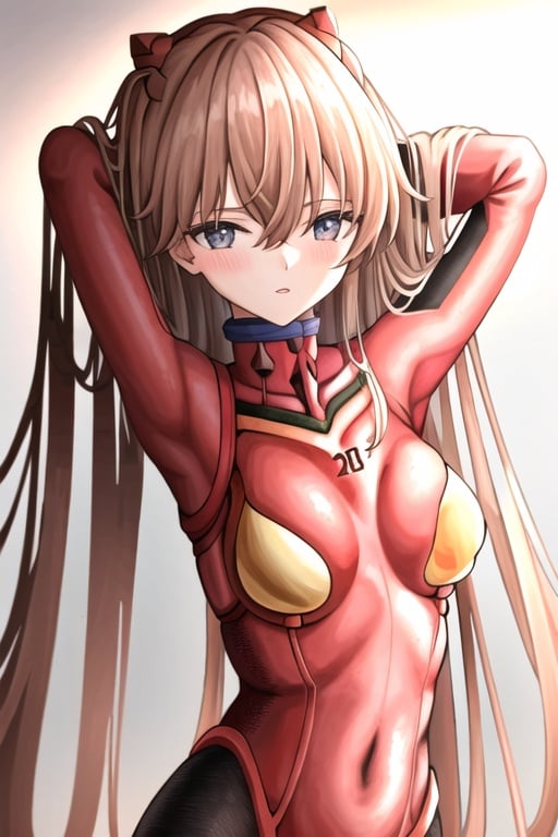 masterpiece, best quality,  asuka, 1girl, plugsuit, solo, looking at viewer, red bodysuit, upper body, arms up, hair between eyes, arms behind head, parted lips, very long hair <lora:asuka:1>