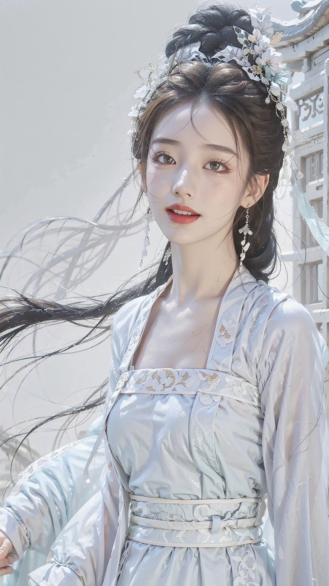 Best quality,masterpiece,ultra high res,(photorealistic:1.4),Blue sky and white clouds,wind blow,Chinese architecture of the Song Dynasty,Cinematic lighting,1girl,solo,real skin,<lora:Clothes_beizi:0.6>,clothes1beizi,hanfu,very long hair,huge breasts,double_bun,Chinese Song Dynasty elements,jewelry,long legs,light smile,<lora:huangyuyao:0.7>,