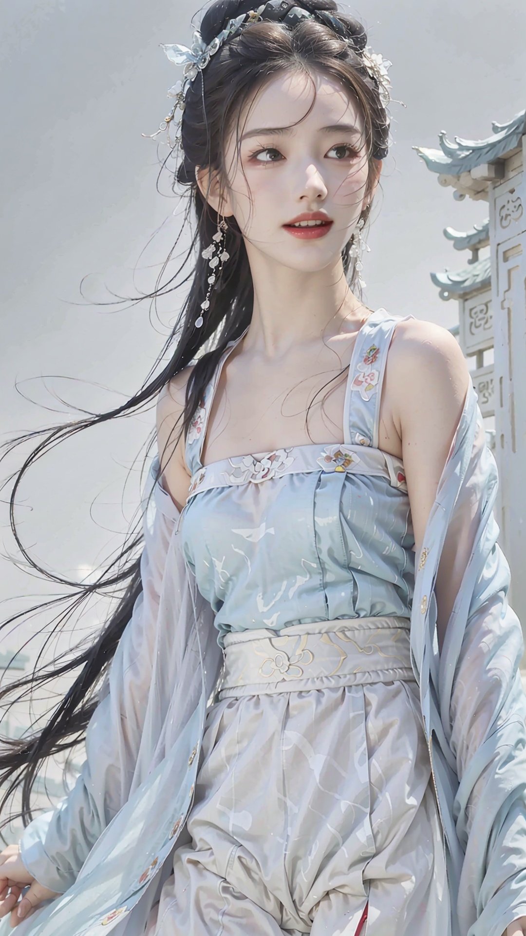 Best quality,masterpiece,ultra high res,(photorealistic:1.4),Blue sky and white clouds,wind blow,Chinese architecture of the Song Dynasty,Cinematic lighting,1girl,solo,real skin,<lora:Clothes_beizi:0.6>,clothes1beizi,hanfu,very long hair,huge breasts,double_bun,Chinese Song Dynasty elements,jewelry,long legs,light smile,<lora:huangyuyao:0.7>,