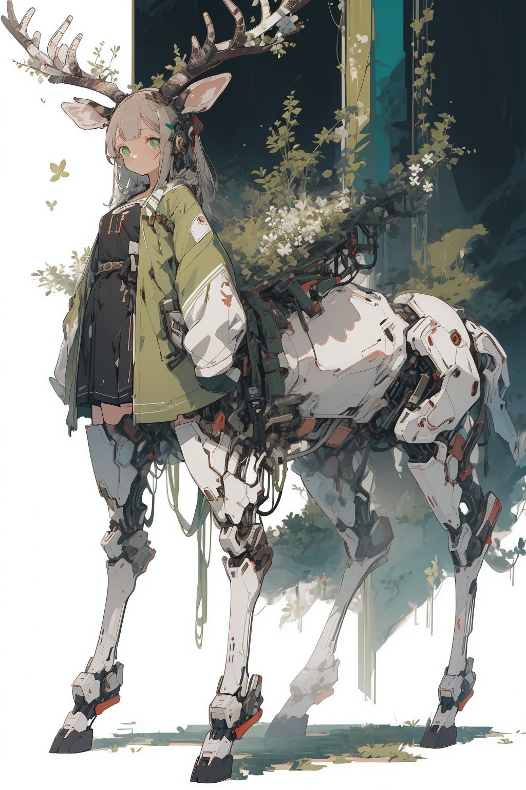 best quality,masterpiece,illustration,1girl,solo,full body,Mecha,Blank background,Deer ear,antler,Green tone,