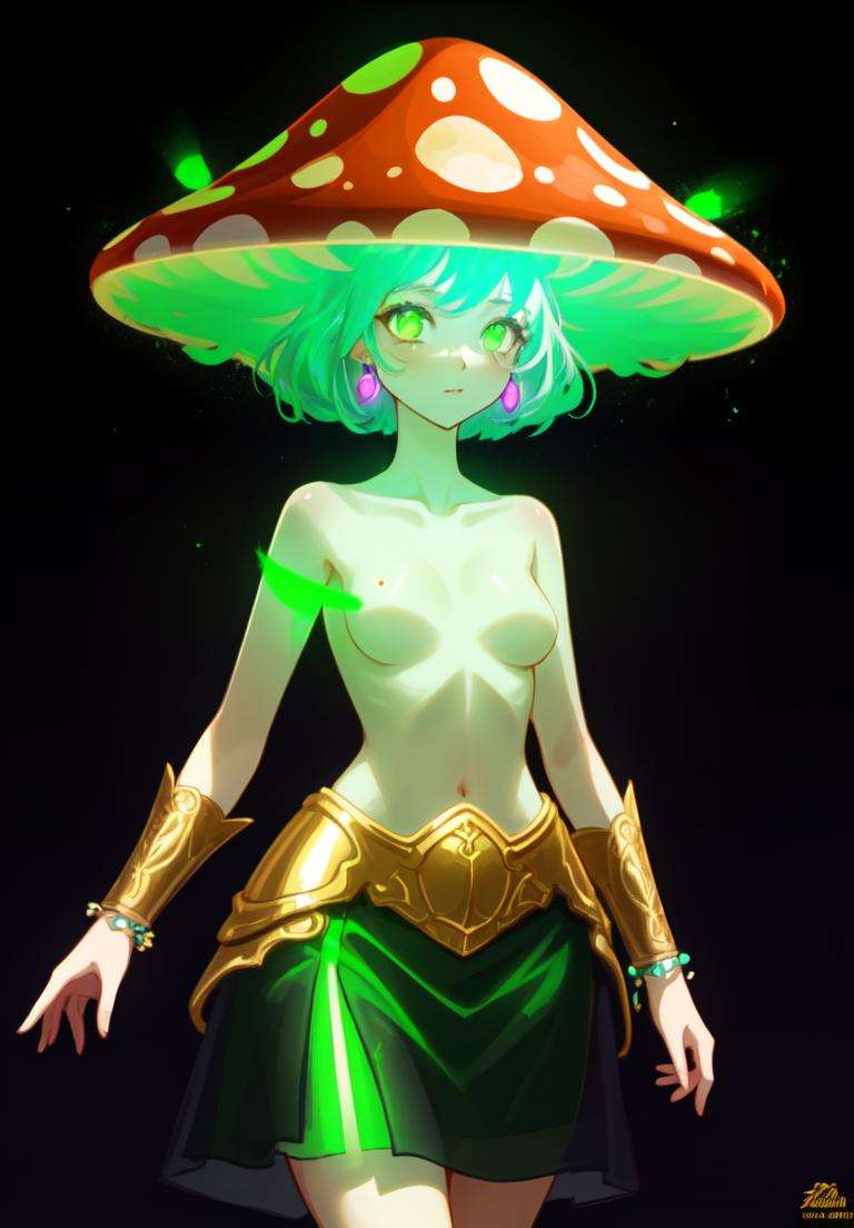 topless, bare chest, see through green skirt, big mushroom, (glowing green mushroom), beautiful girl, third eye on forehead, (((glowing))) green eyes, medium breasts, gold earrings, gold bracelets, extremaly detailed, masterpiece, absurdres, best quality, <lora:mushWoman-000020:0.75>