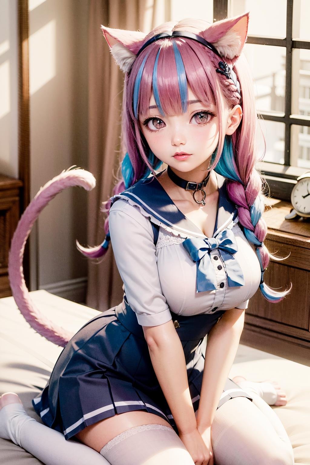 masterpiece, best quality, highres,  sidelighting, 1girl, minato aqua, virtual youtuber, tail, animal ears, cat ears, long hair, purple eyes, braid, ahoge, cat tail, skirt, multicolored hair, twin braids, blue hair,  two-tone hair, hairband, tail ornament, tail ribbon, pink hair, anchor hair ornament, ribbon, sailor collar, school uniform, pleated skirt, bow, cat girl, twintails, large breasts, bangs, <lora:minato_aqua_(neko)_v1:0.5>, zzstyle-ulzzang-6500