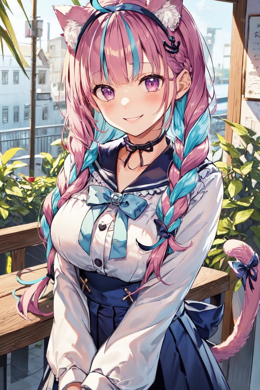 masterpiece, best quality, highres,  sidelighting, 1girl, minato aqua, virtual youtuber, tail, animal ears, cat ears, long hair, purple eyes, braid, ahoge, cat tail, skirt, multicolored hair, twin braids, blue hair,  two-tone hair, hairband, tail ornament, tail ribbon, pink hair, anchor hair ornament, ribbon, sailor collar, school uniform, pleated skirt, bow, cat girl, twintails, large breasts, bangs, <lora:minato_aqua_(neko)_v1:0.5>, upper body, cafe, smile,