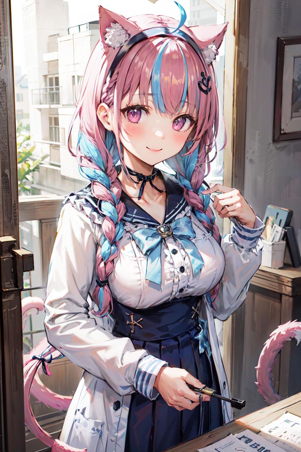 masterpiece, best quality, highres,  sidelighting, 1girl, minato aqua, virtual youtuber, tail, animal ears, cat ears, long hair, purple eyes, braid, ahoge, cat tail, skirt, multicolored hair, twin braids, blue hair,  two-tone hair, hairband, tail ornament, tail ribbon, pink hair, anchor hair ornament, ribbon, sailor collar, school uniform, pleated skirt, bow, cat girl, twintails, large breasts, bangs, <lora:minato_aqua_(neko)_v1:0.5>, upper body, cafe, smile,