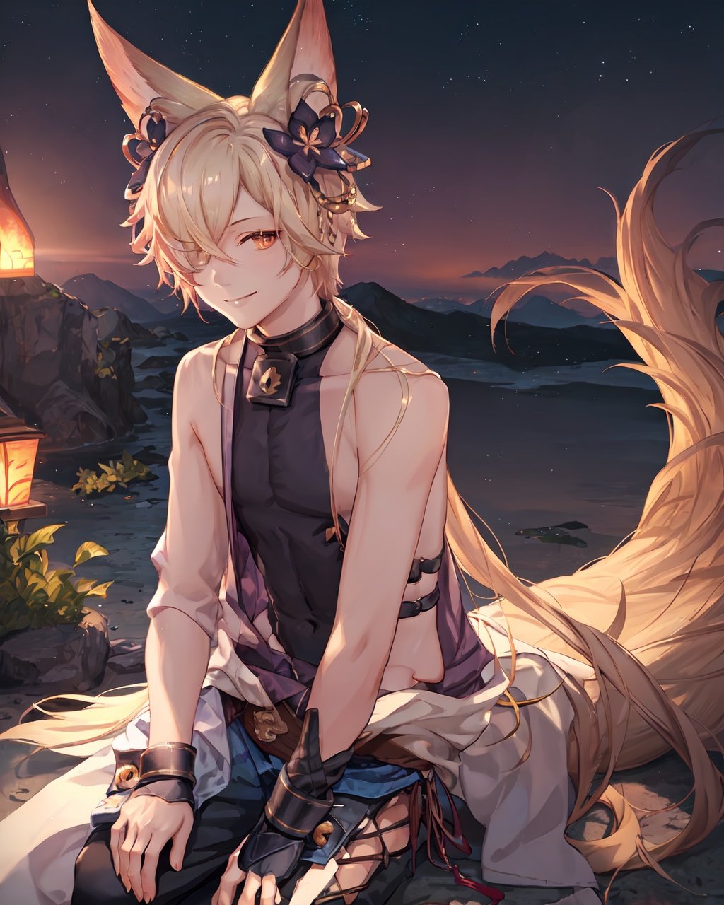 masterpiece, (best quality:1.3), game cg, extremely detailed 8K wallpaper, Dreamy, beautiful sunshine, wind, fantasy, epic scene, (beautiful and detailed background:1.3), cowboy shot,Kou_A, 1boy, solo, male focus, barefoot, sitting, flower, looking at viewer, smile, off shoulder, anklet, bare shoulders <lora:Kou-000010:0.8>