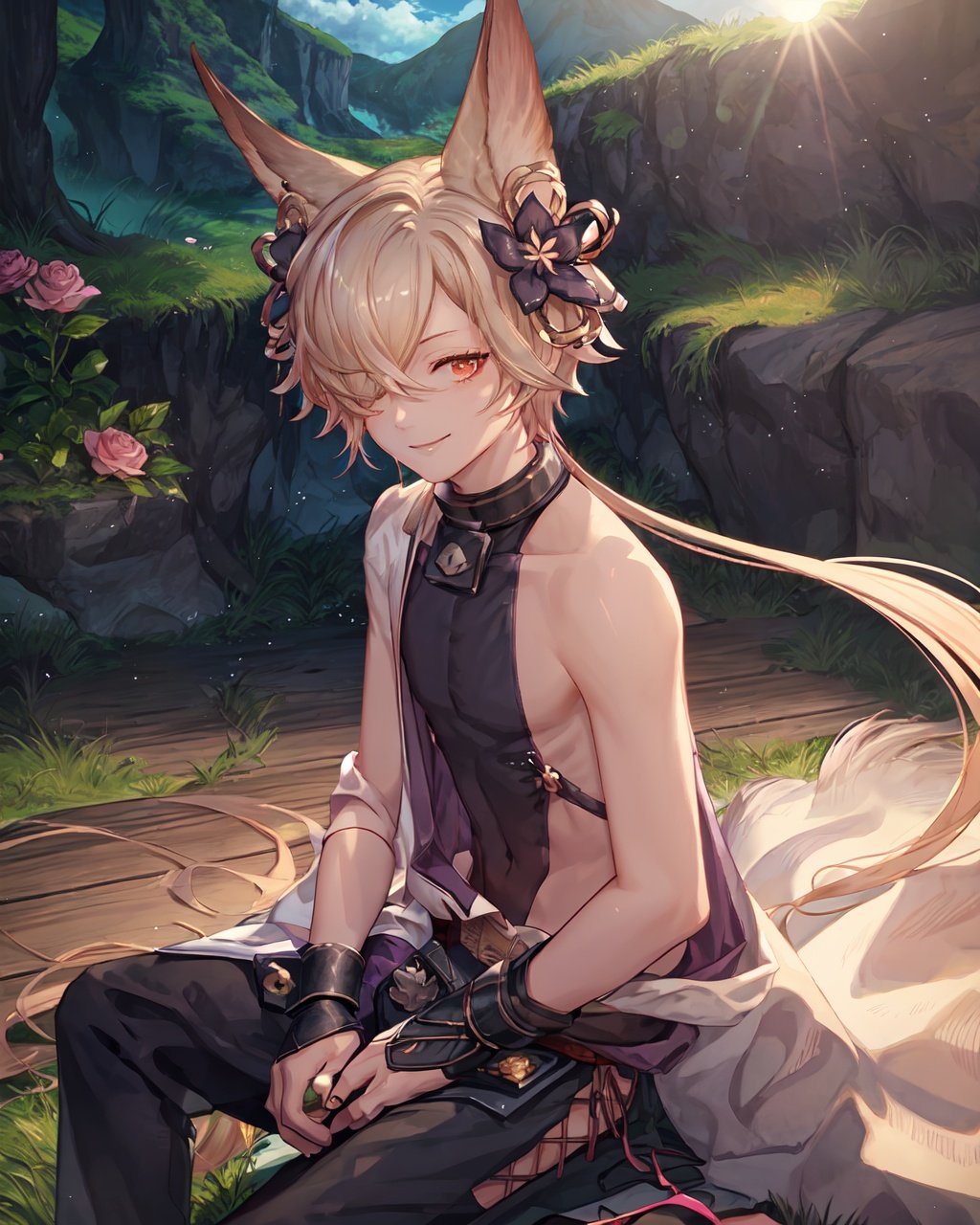 masterpiece, (best quality:1.3), game cg, extremely detailed 8K wallpaper, Dreamy, beautiful sunshine, wind, fantasy, epic scene, (beautiful and detailed background:1.3), cowboy shot,Kou_A, 1boy, solo, male focus, barefoot, sitting, flower, looking at viewer, smile, off shoulder, anklet, bare shoulders <lora:Kou-000010:0.8>
