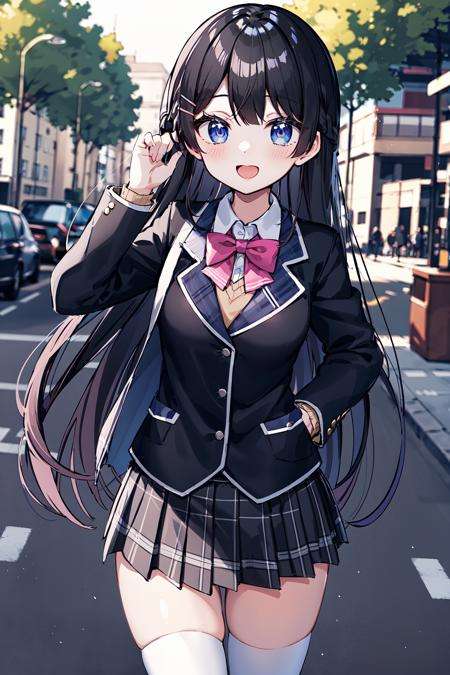 tsukino mito, long hair, virtual youtuber, skirt, thighhighs, black hair, jacket, bow, blazer, black jacket, hairclip, hair ornament, white thighhighs, bangs, braid, pleated skirt, pink bow, school uniform, bowtie, very long hair, long sleeves, shirt, collared shirt, white shirt, blue eyes, pink bowtie, plaid skirt, plaid, black skirt, miniskirt, standing, outdoors,  <lora:tsukino_mito_v2-000002:0.5>