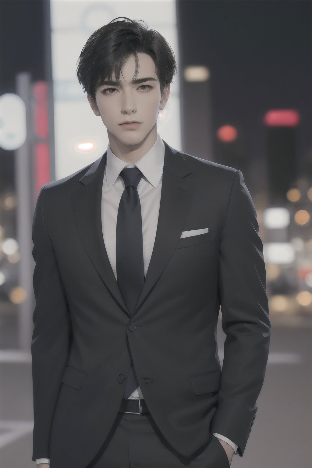 (absurdres, highres, ultra detailed, realistic, ), 1boy, solo, adult, mature, tall muscular guy, broad shoulders, handsome, very short hair, black hair, brown eyes, angular jaw, thick neck, thick eyebrows, night, dark, the night view of the city background, formal suit, necktie, upper body,  <lora:chillgray:0.6>