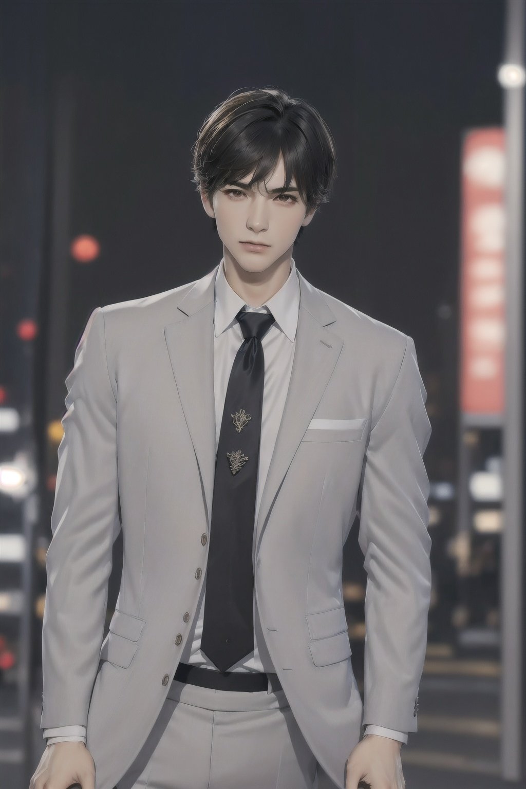 (absurdres, highres, ultra detailed, realistic, ), 1boy, solo, adult, mature, tall muscular guy, broad shoulders, handsome, very short hair, black hair, brown eyes, angular jaw, thick neck, thick eyebrows, night, dark, the night view of the city background, formal suit, necktie, upper body,  <lora:chillgray:0.8>