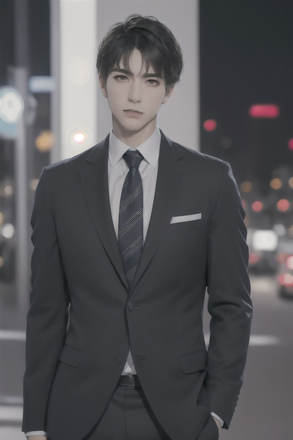 (absurdres, highres, ultra detailed, realistic, ), 1boy, solo, adult, mature, tall muscular guy, broad shoulders, handsome, very short hair, black hair, brown eyes, angular jaw, thick neck, thick eyebrows, night, dark, the night view of the city background, formal suit, necktie, upper body,  <lora:chillgray:0.8>