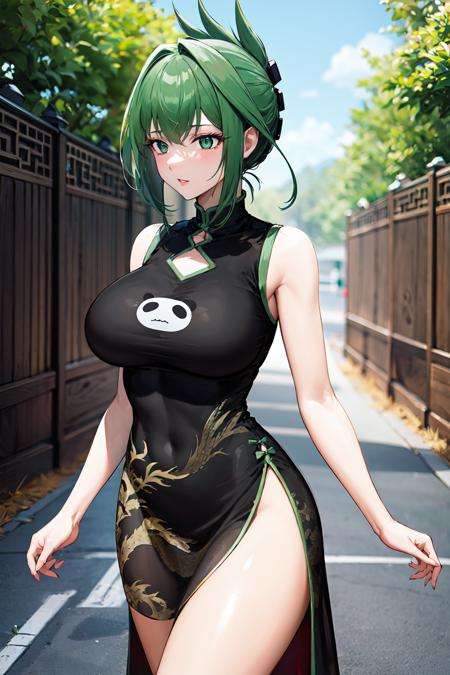 masterpeice, best quality, highres, 1girl, solo, china dress, chinese clothes, dress, green hair, side slit, breasts, black dress, folded ponytail, green eyes, animal print, tao jun, large breasts, outdoors, cowboy shot,  <lora:tao_jun_v1:0.7>