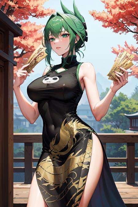 masterpeice, best quality, highres, 1girl, solo, china dress, chinese clothes, dress, green hair, side slit, breasts, black dress, folded ponytail, green eyes, animal print, tao jun, large breasts, outdoors, cowboy shot, <lora:tao_jun_v1:0.7>, (holding ofuda:1.1)