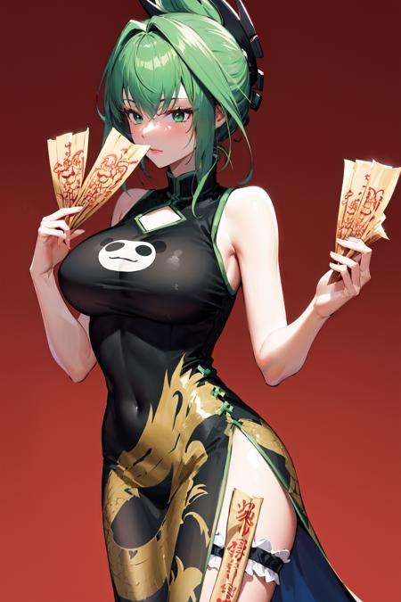 masterpeice, best quality, highres, 1girl, solo, china dress, chinese clothes, dress, green hair, side slit, breasts, black dress, folded ponytail, green eyes, animal print, tao jun, large breasts, outdoors, cowboy shot, <lora:tao_jun_v1:0.7>,  (holding, ofuda:1.5)