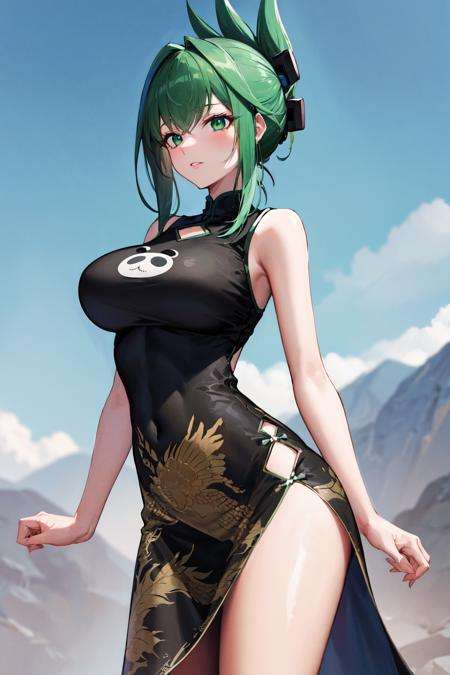 masterpeice, best quality, highres, 1girl, solo, china dress, chinese clothes, dress, green hair, side slit, breasts, black dress, folded ponytail, green eyes, animal print, tao jun, large breasts, outdoors, cowboy shot,  <lora:tao_jun_v1:0.7>