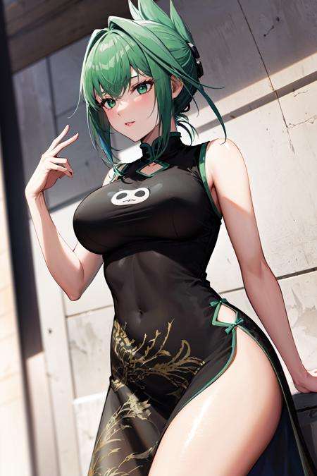 masterpeice, best quality, highres, 1girl, solo, china dress, chinese clothes, dress, green hair, side slit, breasts, black dress, folded ponytail, green eyes, animal print, tao jun, large breasts, outdoors, cowboy shot,  <lora:tao_jun_v1:0.7>