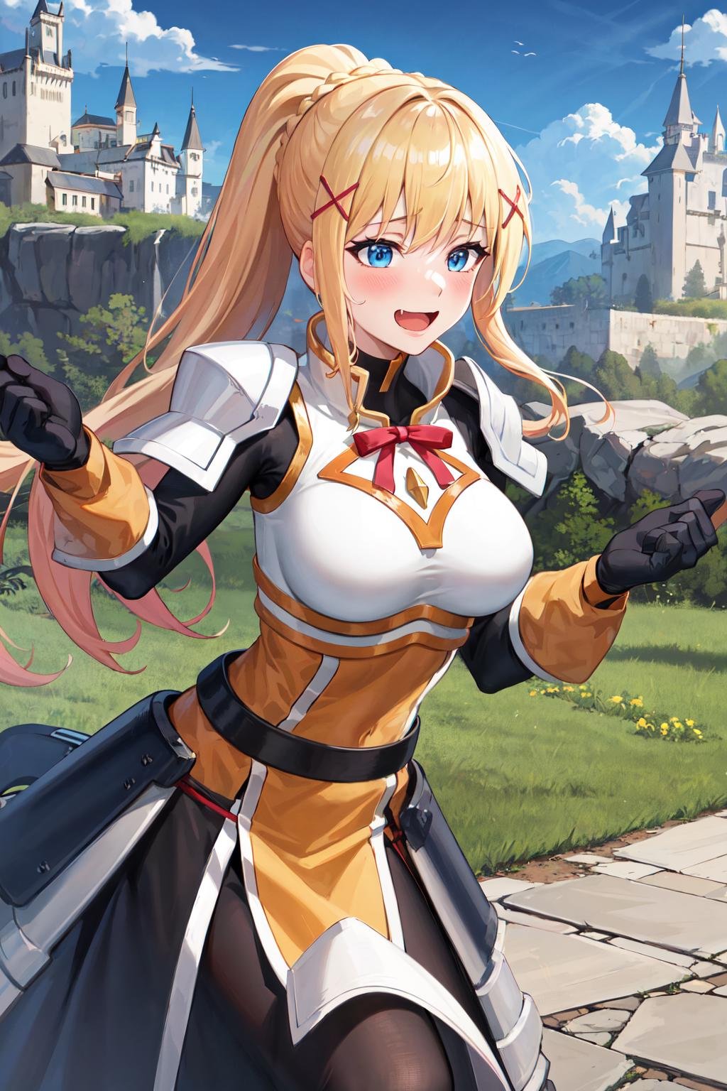 best quality, highres, 1girl, long hair, blonde hair, x hair ornament, armor, blue eyes, ponytail, hair ornament, gloves, shoulder armor, braid, black gloves, pauldrons, white boots, darkness \(konosuba\), large breasts, <lora:darkness (konosuba)_v1:0.6>, cowboy shot, castle, outdoors, (excited:1.2), blush, open mouth, 