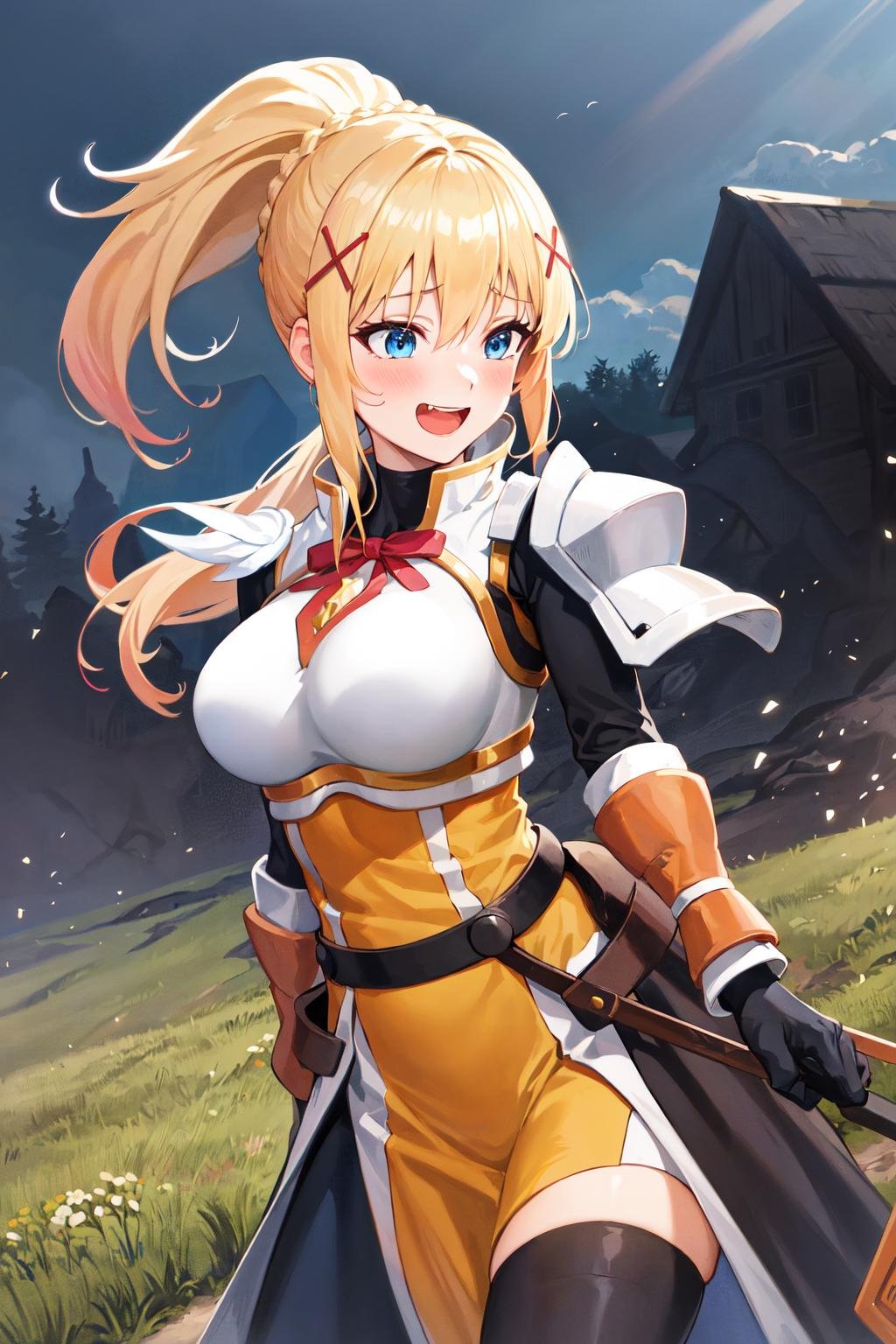 best quality, highres, 1girl, long hair, blonde hair, x hair ornament, armor, blue eyes, ponytail, hair ornament, gloves, shoulder armor, braid, black gloves, pauldrons, white boots, darkness \(konosuba\), large breasts, <lora:darkness (konosuba)_v1:0.6>, cowboy shot, village, outdoors, (excited:1.2), blush, open mouth, 