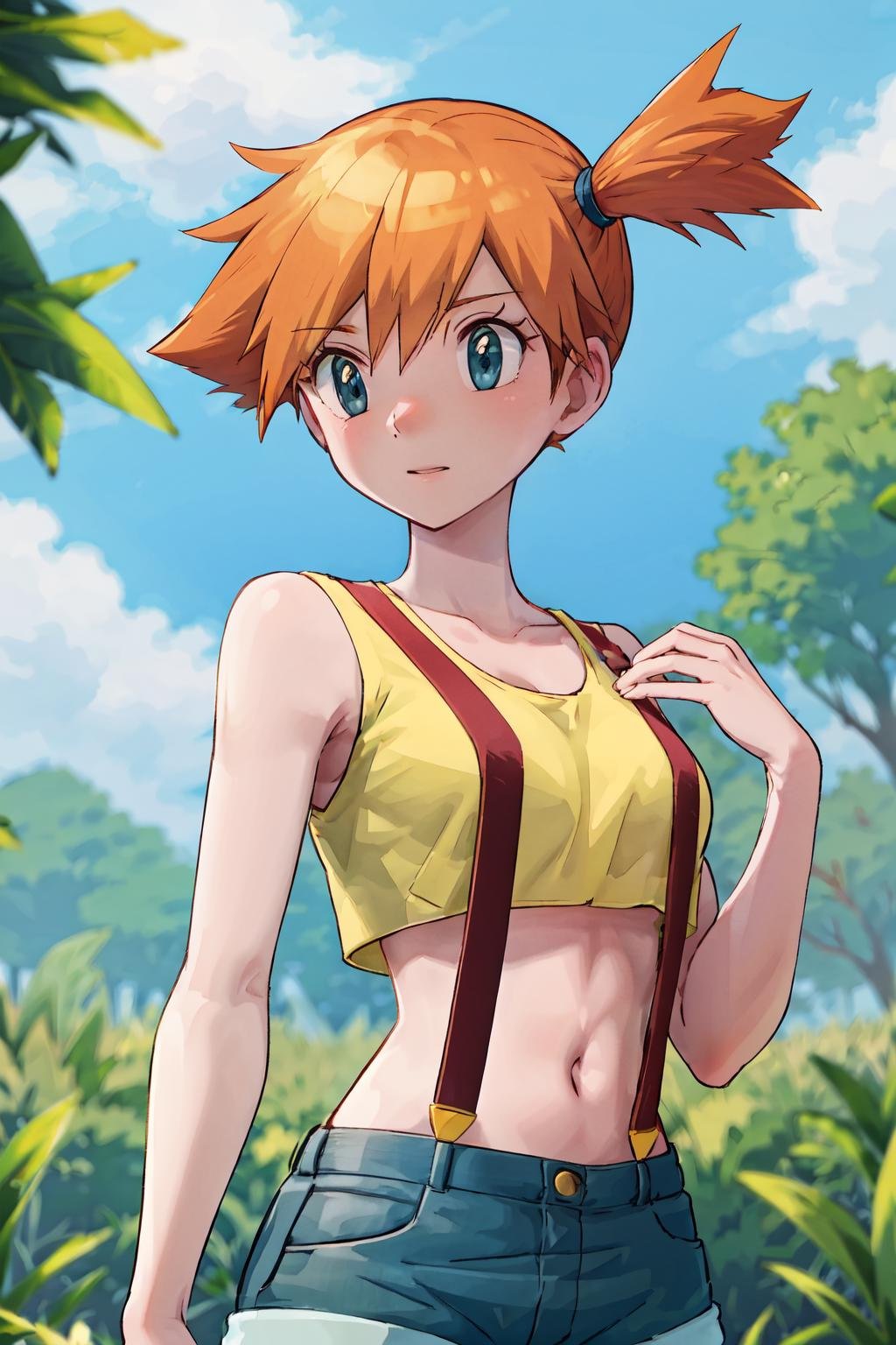 masterpiece, best quality, highres, 1girl, misty (pokemon), orange hair, solo, shorts, suspenders, side ponytail, orange hair, midriff, yellow crop top, navel, short hair, denim, denim shorts, large breasts, <lora:misty_(pokemon)_v2:0.7>, upper body, standing, outdoors,