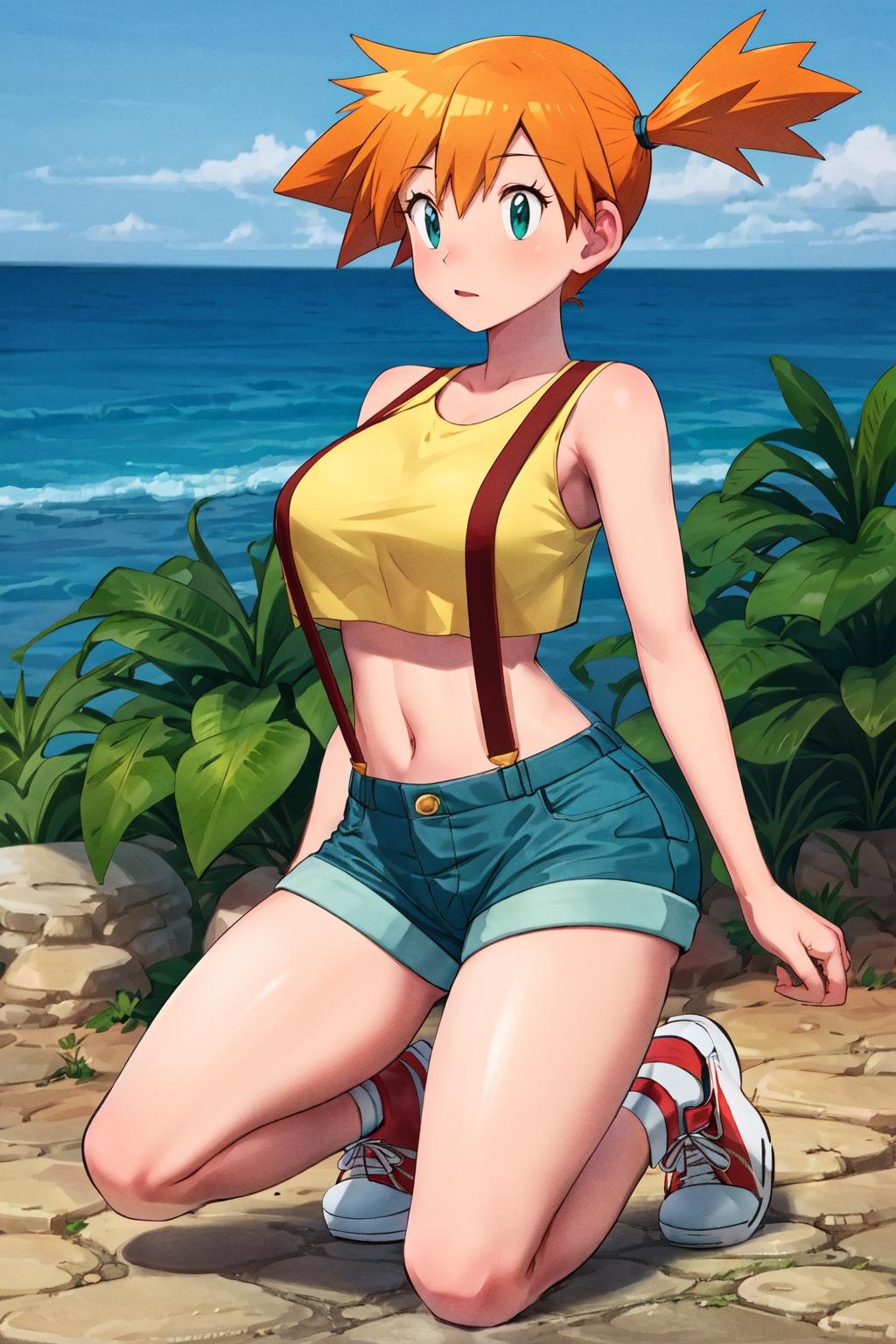 masterpiece, best quality, highres, 1girl, misty (pokemon), orange hair, solo, shorts, suspenders, side ponytail, orange hair, midriff, shoes, sneakers, yellow crop top, navel, short hair, denim, denim shorts, large breasts, <lora:misty_(pokemon)_v2:0.7>