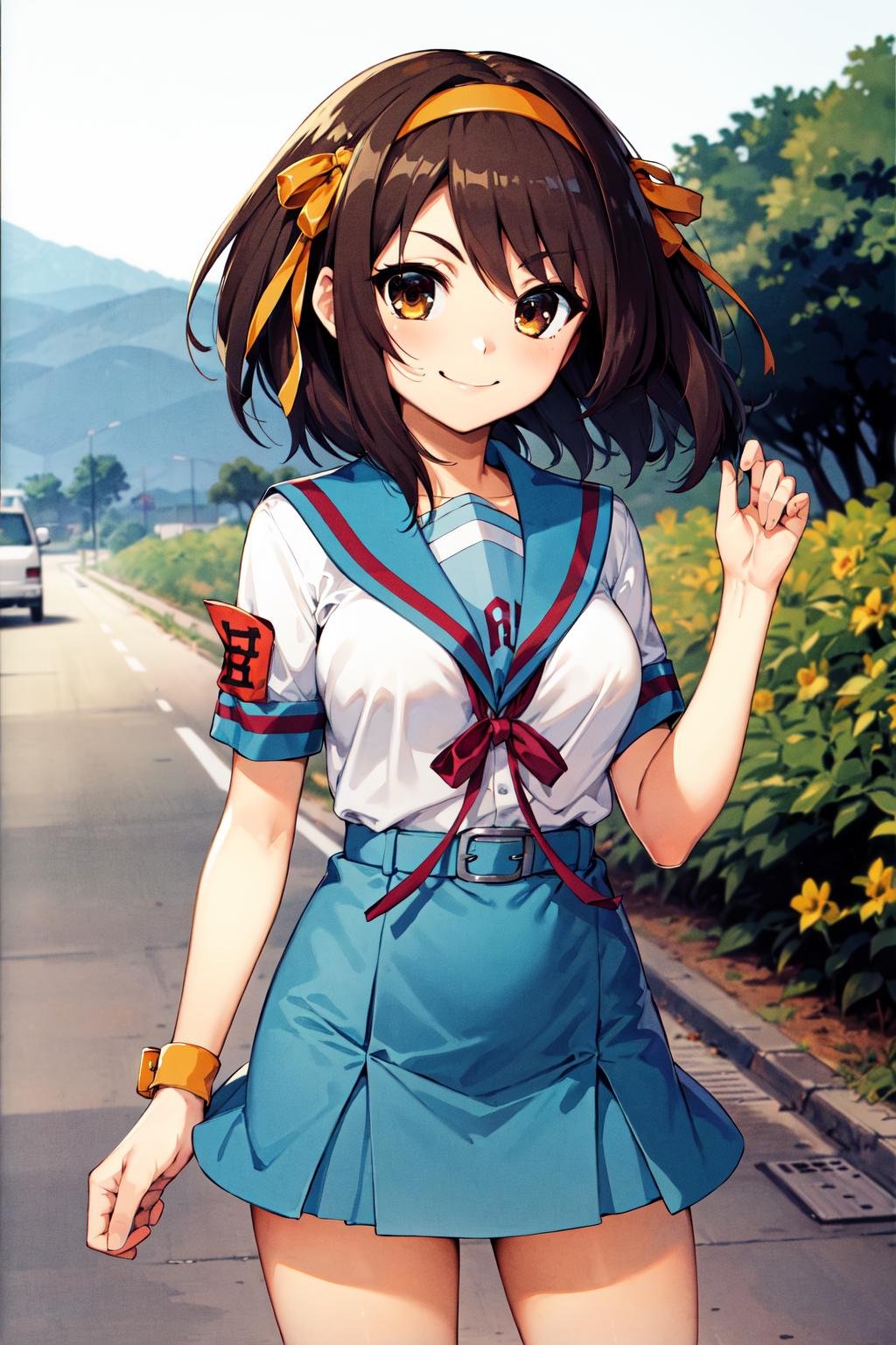 masterpiece, best quality, highres, 1girl, suzumiya haruhi, solo, kita high school uniform, blue sailor collar,  sailor collar, blue skirt, brown hair, short hair, brown eyes, armband, hairband, medium hair, ribbon, socks, medium breasts, <lora:suzumiya_haruhi_v10:0.7>, cowboy shot, standing, smile, outdoors,