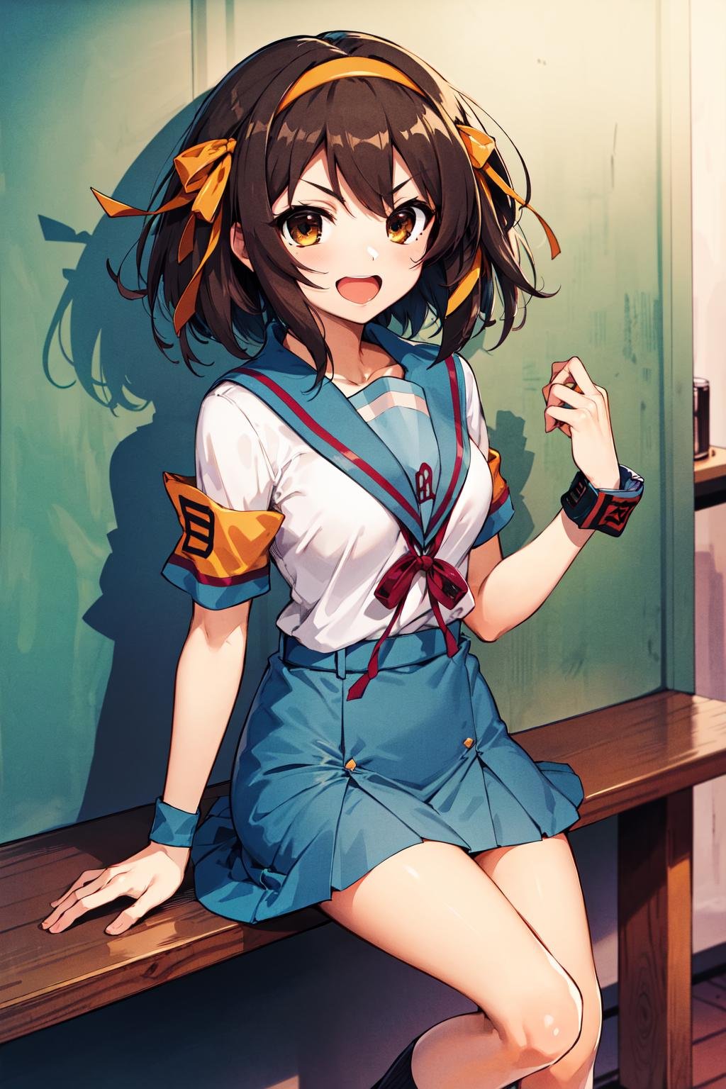 masterpiece, best quality, highres, 1girl, suzumiya haruhi, solo, kita high school uniform, blue sailor collar,  sailor collar, blue skirt, brown hair, short hair, brown eyes, armband, hairband, medium hair, ribbon, socks, medium breasts, <lora:suzumiya_haruhi_v10:0.7>, cowboy shot,