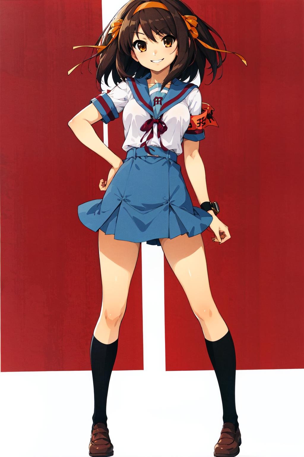 masterpiece, best quality, highres, 1girl, suzumiya haruhi, solo, kita high school uniform, blue sailor collar,  sailor collar, blue skirt, brown hair, short hair, brown eyes, armband, hairband, medium hair, ribbon, socks, medium breasts, <lora:suzumiya_haruhi_v10:0.7>, cowboy shot, standing, smile,