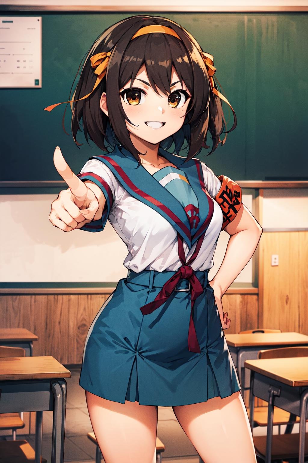 masterpiece, best quality, highres, 1girl, suzumiya haruhi, solo, kita high school uniform, blue sailor collar,  sailor collar, blue skirt, brown hair, short hair, brown eyes, armband, hairband, medium hair, ribbon, socks, medium breasts, <lora:suzumiya_haruhi_v10:0.7>, cowboy shot, standing, smile, outdoors, hands on hips, (pointing:1.2), classroom.