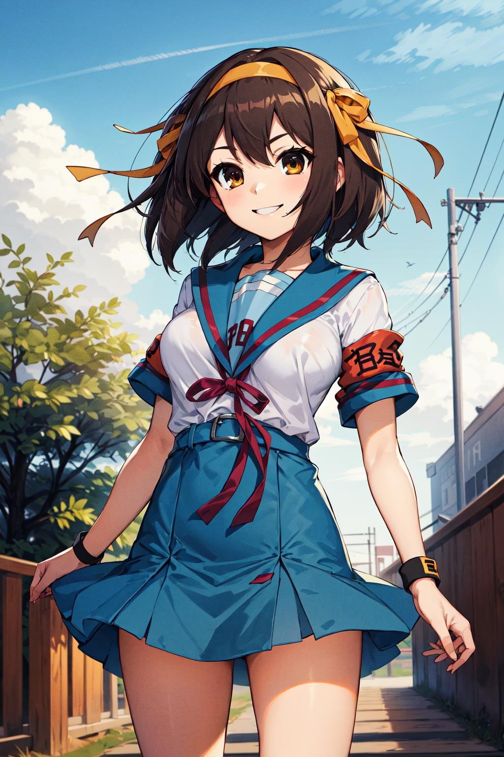 masterpiece, best quality, highres, 1girl, suzumiya haruhi, solo, kita high school uniform, blue sailor collar,  sailor collar, blue skirt, brown hair, short hair, brown eyes, armband, hairband, medium hair, ribbon, socks, medium breasts, <lora:suzumiya_haruhi_v10:0.7>, cowboy shot, standing, smile, outdoors,