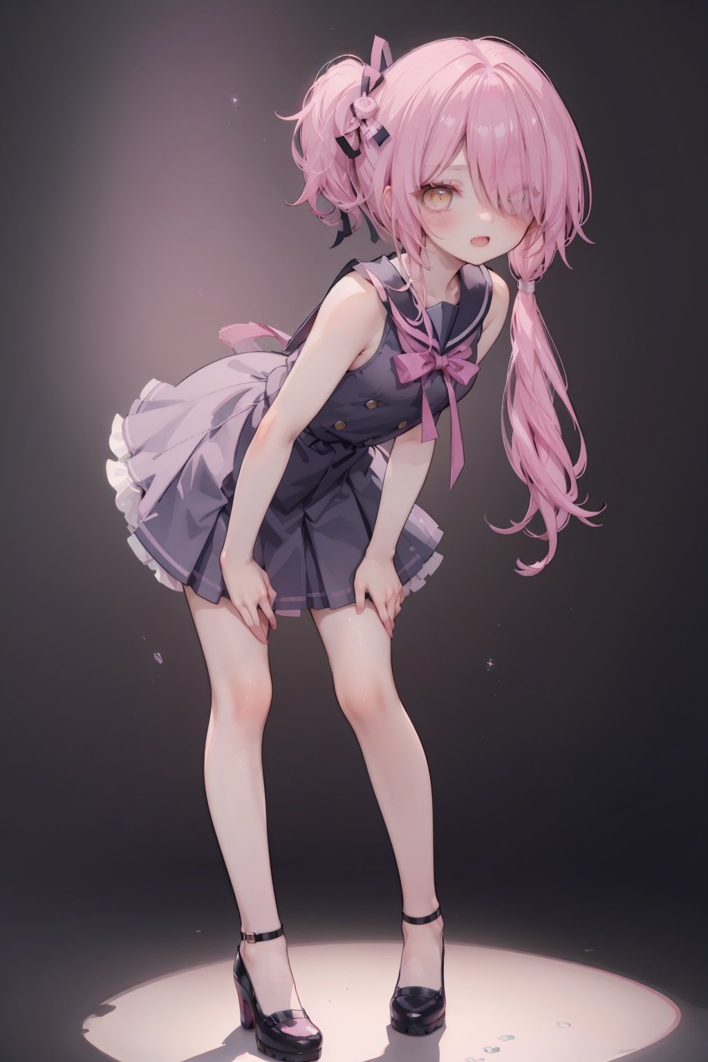 pink hair,yellow eyes,hair over one eye,hair tie,medium hair with long locks , low tied,low ponytail,long locks,solo locks,full body,child,small breasts,bare shoulders,blush,light smile,open mouth, winking,standing, school uniform,standing,full_body,arms behind back, leaning forward,bare legs,high heels,loli