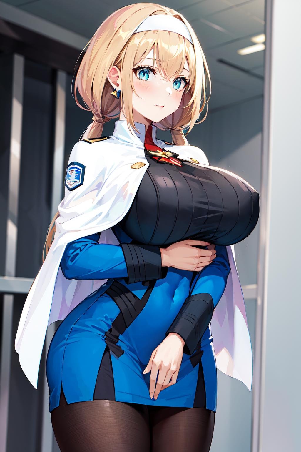 masterpiece, best quality, highres, 1girl, white capelet, capelet, blonde hair, twintails, breasts, low twintails, hairband, long hair, blue eyes, earrings, white hairband, uniform, dress, triangle earrings, military, large breasts, hair behind ear, jewelry, blue dress, military uniform, bangs, black pantyhose, mitsuba1,  <lora:mitsuba_greyvalley_v1:0.6>