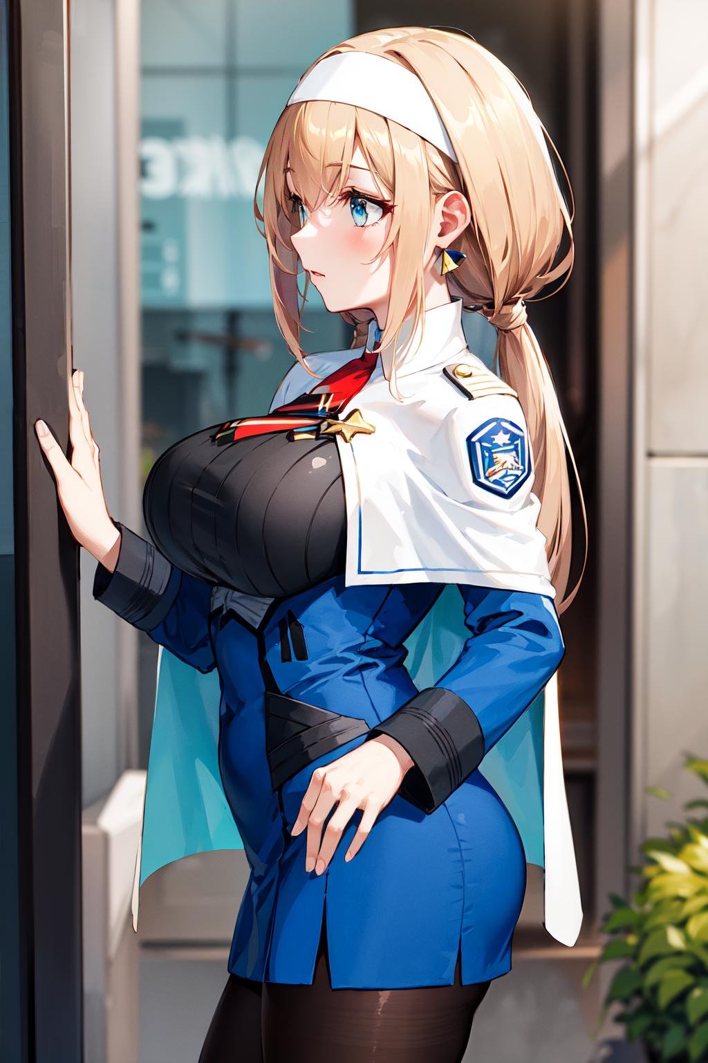masterpiece, best quality, highres, 1girl, white capelet, capelet, blonde hair, twintails, breasts, low twintails, hairband, long hair, blue eyes, earrings, white hairband, uniform, dress, triangle earrings, military, large breasts, hair behind ear, jewelry, blue dress, military uniform, bangs, black pantyhose, mitsuba1,  <lora:mitsuba_greyvalley_v1:0.6>, from side, pointing, outdoors,