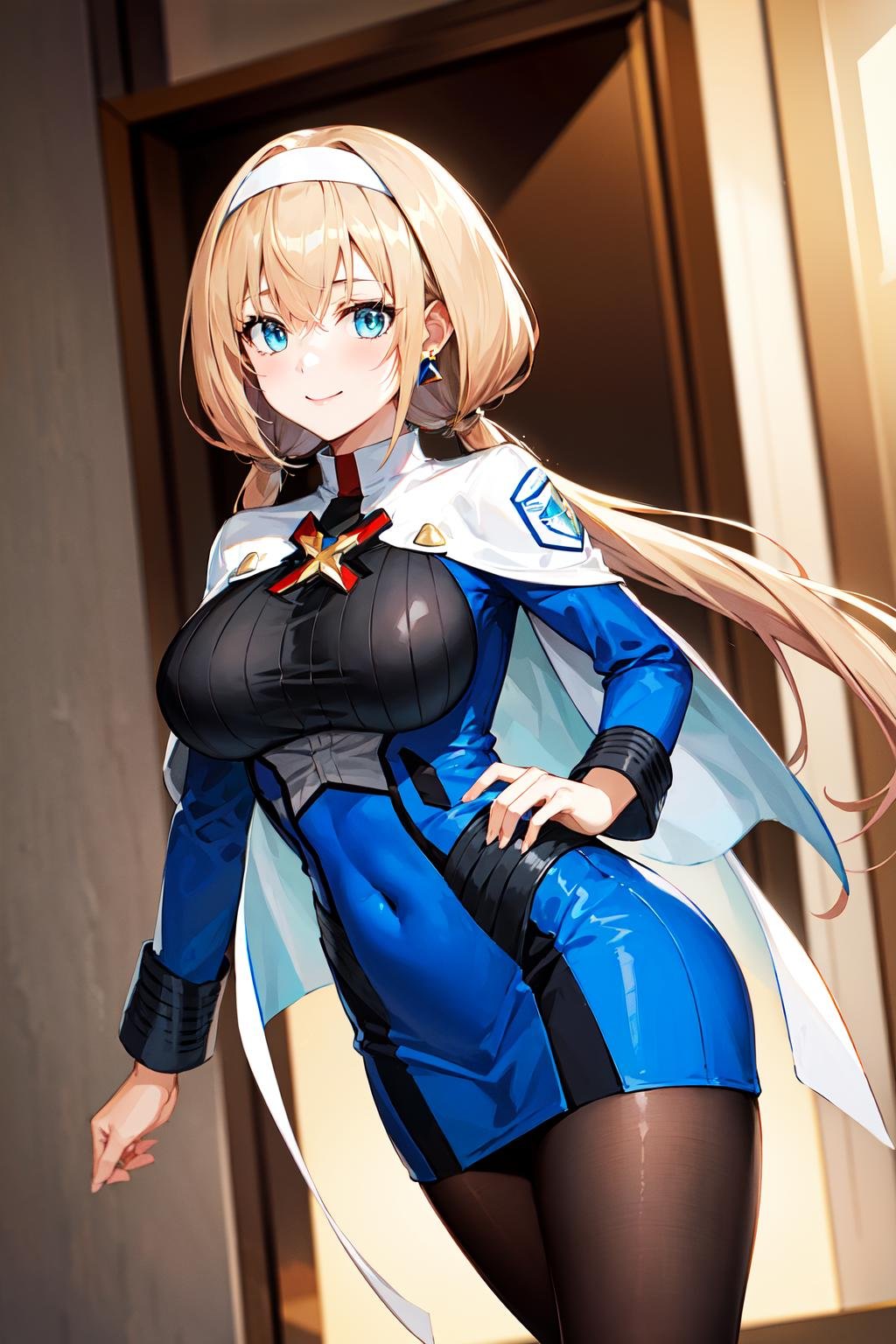 masterpiece, best quality, highres, 1girl, white capelet, capelet, blonde hair, twintails, breasts, low twintails, hairband, long hair, blue eyes, earrings, white hairband, uniform, dress, triangle earrings, military, large breasts, hair behind ear, jewelry, blue dress, military uniform, bangs, black pantyhose, mitsuba1,  <lora:mitsuba_greyvalley_v1:0.6>, smile,