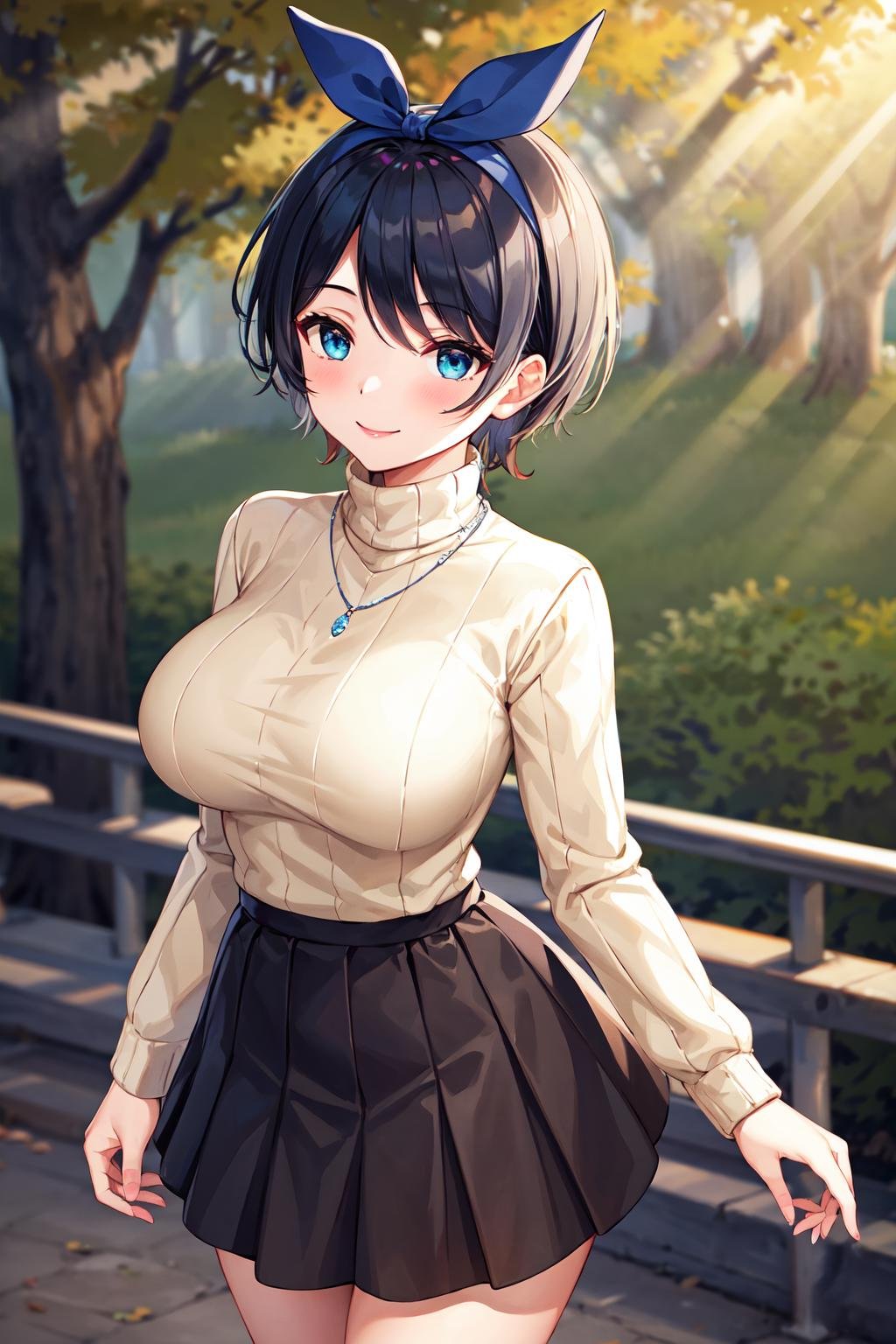 masterpiece, best quality, highres, 1girl, solo, jewelry, skirt, sweater, necklace, black skirt, black hair, short hair, ribbed sweater, socks, turtleneck sweater, turtleneck, white socks, blue eyes,  long sleeves, pleated skirt, ribbon, breasts, bow, hair ribbon, hairband, hair bow, bangs, large breasts, sarashina ruka, <lora:sarashina_ruka_v10:0.6>, cowboy shot, smile,