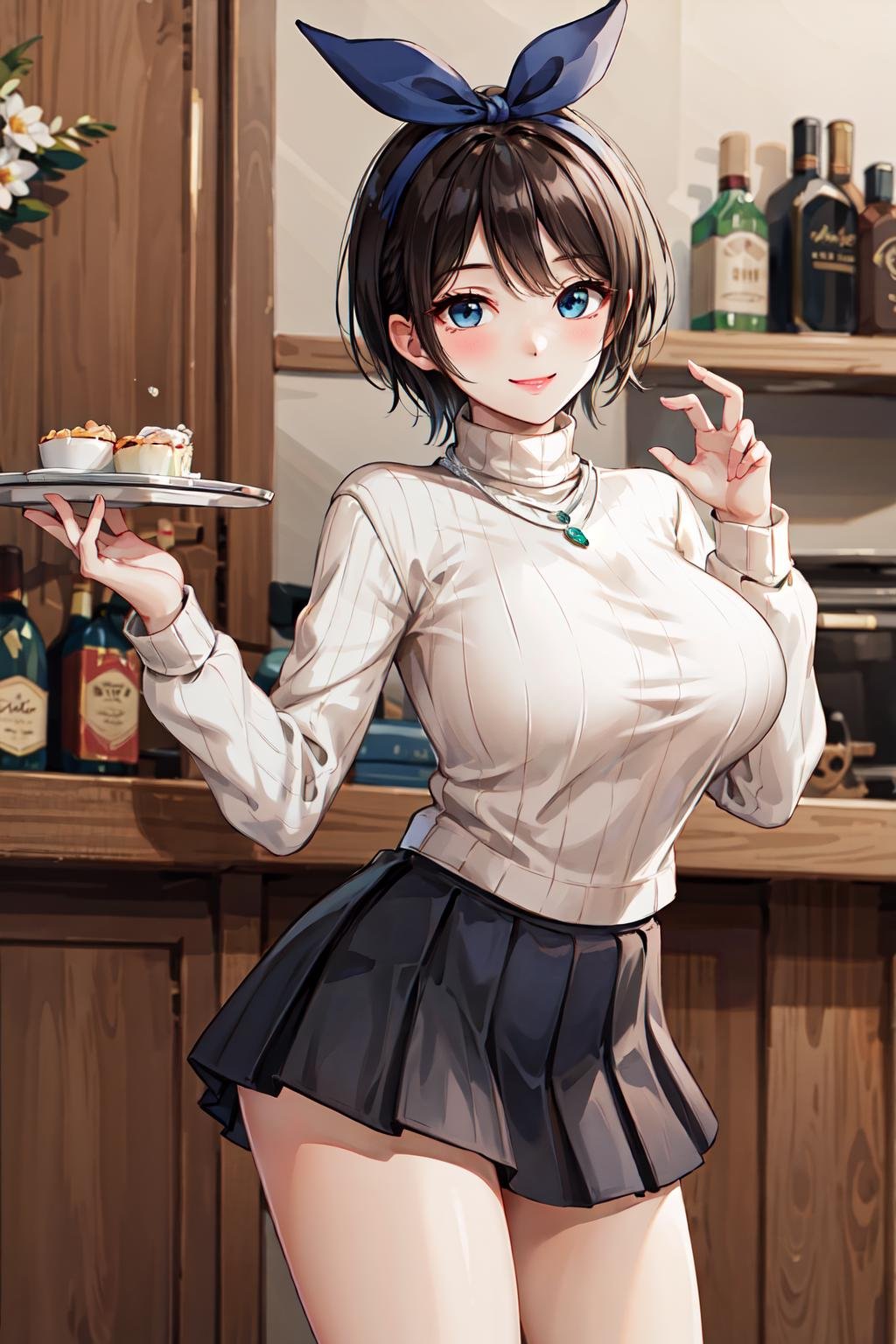 masterpiece, best quality, highres, 1girl, solo, jewelry, skirt, sweater, necklace, black skirt, black hair, short hair, ribbed sweater, socks, turtleneck sweater, turtleneck, white socks, blue eyes, long sleeves, pleated skirt, ribbon, breasts, bow, hair ribbon, hairband, hair bow, bangs, large breasts, sarashina ruka, , cowboy shot, smile, <lora:sarashina_ruka_v10:0.6>