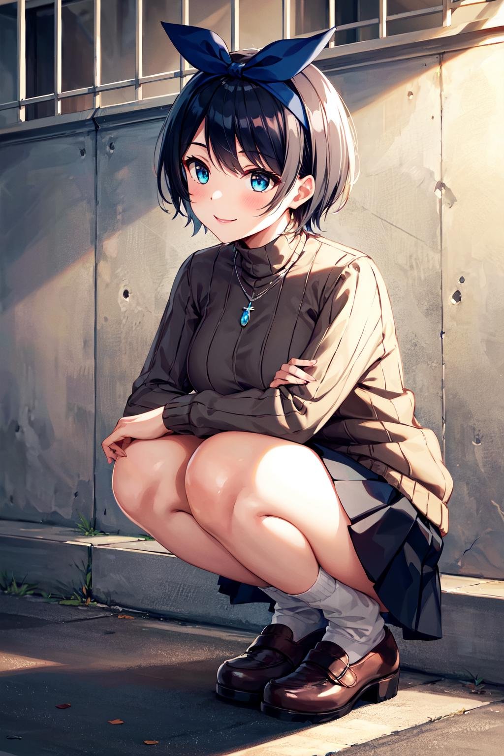 masterpiece, best quality, highres, 1girl, solo, jewelry, skirt, sweater, necklace, black skirt, black hair, short hair, ribbed sweater, socks, turtleneck sweater, turtleneck, white socks, blue eyes,  long sleeves, pleated skirt, ribbon, breasts, bow, hair ribbon, hairband, hair bow, bangs, large breasts, sarashina ruka, <lora:sarashina_ruka_v10:0.6>, cowboy shot, smile, squatting,