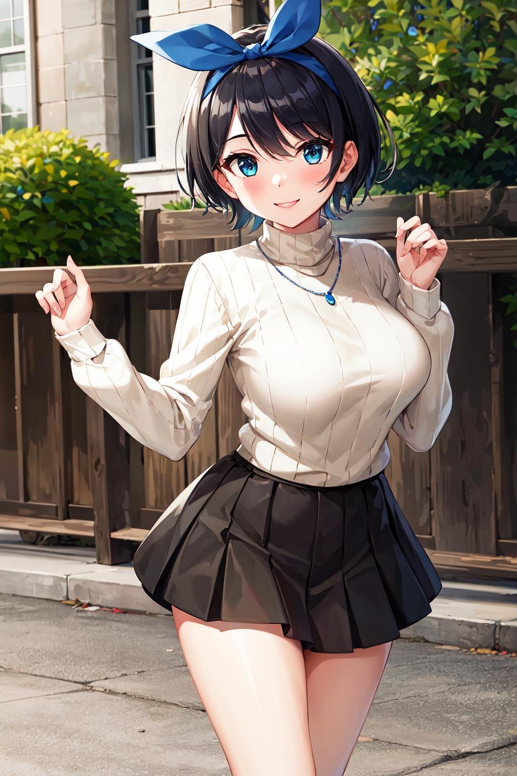 masterpiece, best quality, highres, 1girl, solo, jewelry, skirt, sweater, necklace, black skirt, black hair, short hair, ribbed sweater, socks, turtleneck sweater, turtleneck, white socks, blue eyes, long sleeves, pleated skirt, ribbon, breasts, bow, hair ribbon, hairband, hair bow, bangs, large breasts, sarashina ruka, , cowboy shot, smile, <lora:sarashina_ruka_v10:0.6>