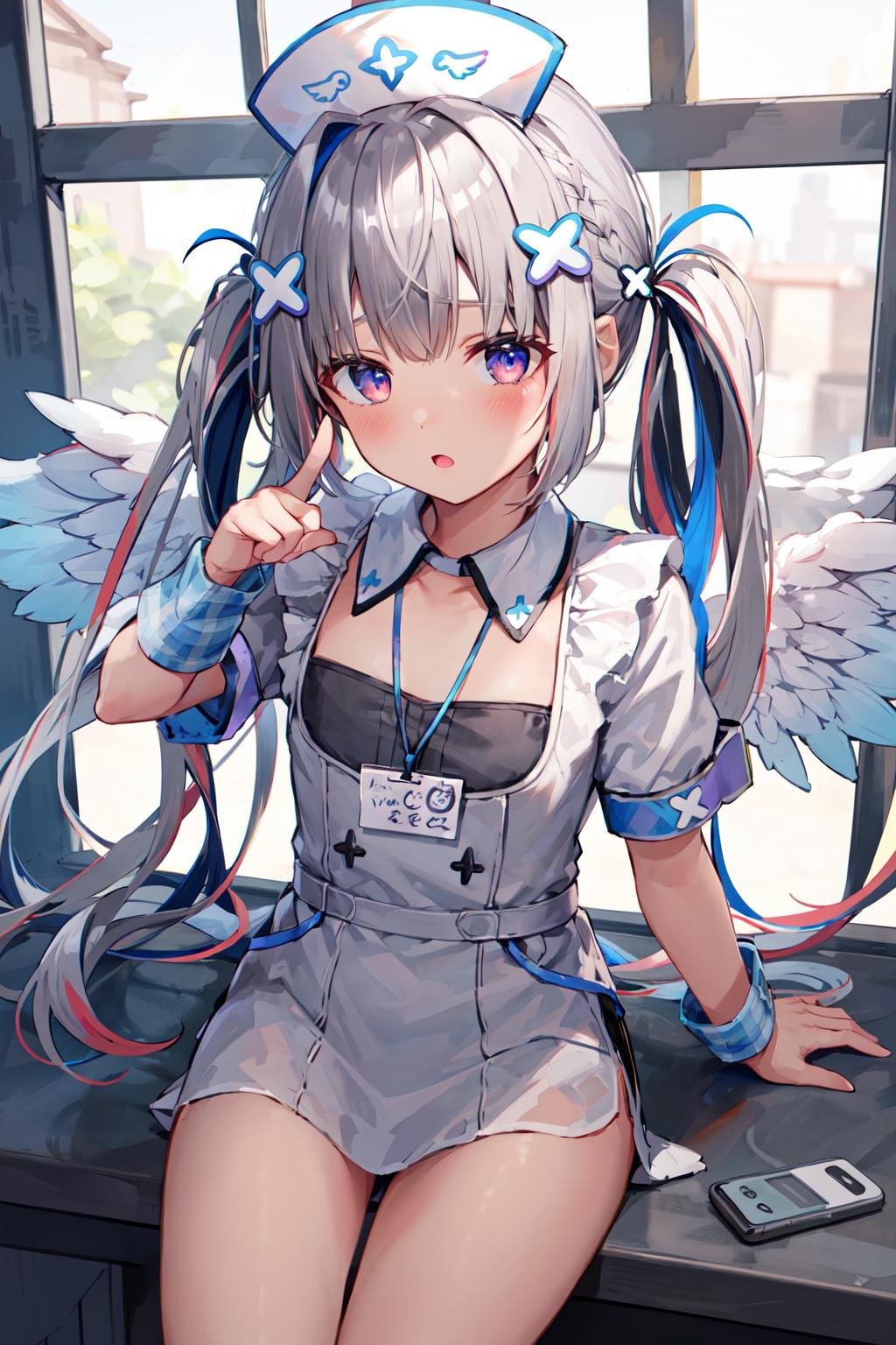 1girl, amane kanata, solo, hat, nurse cap, grey hair, multicolored hair, blue hair, wings, purple eyes, hair ornament, colored inner hair, angel wings, braid, bangs, nurse, streaked hair, single hair intake, x hair ornament, pink hair, twintails, flat chest, <lora:amane_kanata_v2:0.6>, cowboy shot, pointing, sitting, embarrassed, 