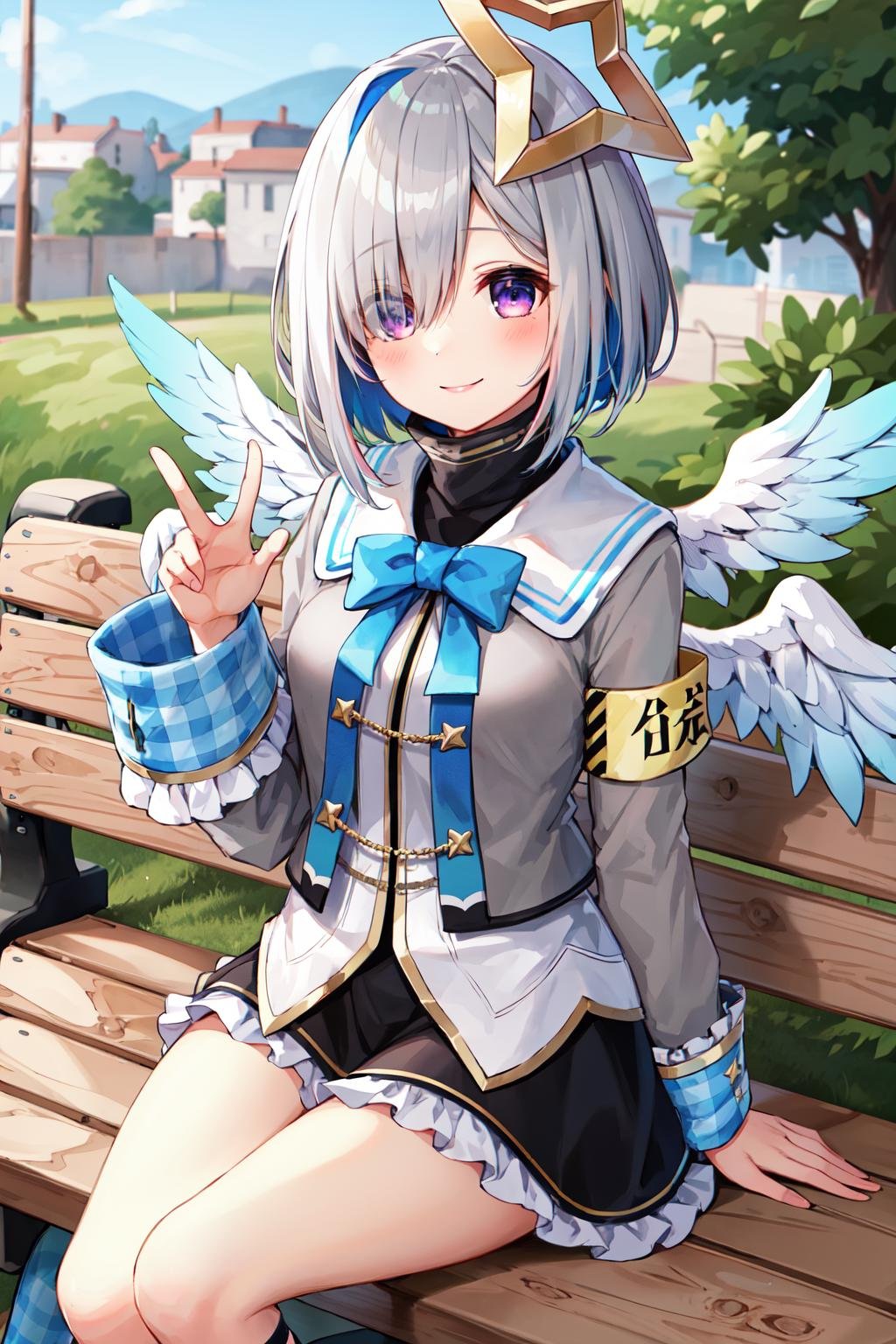 1girl, amane kanata, star halo, solo, halo, angel wings, multicolored hair, asymmetrical hair, single hair intake, purple eyes, armband, short hair, blue hair, grey hair, socks, long sleeves, grey jacket, bob cut, streaked hair, bangs, frills, wide sleeves, white wings, black skirt, hair over one eye, frilled skirt, blue socks, sleeves past wrists, turtleneck dress, miniskirt, blue wings, <lora:amane_kanata_v2:0.6>, bench, sitting, waving, smile,