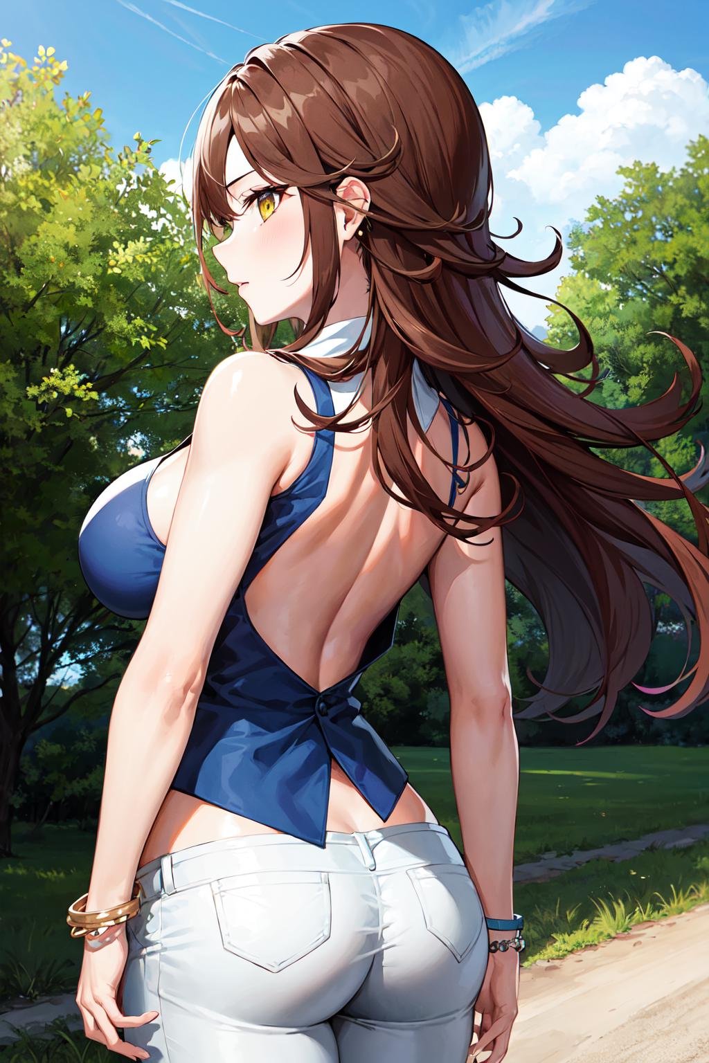 1girl, solo, breasts, long hair, brown hair, cleavage, jewelry, bracelet, yellow eyes, white pants, blue_vest, sleeveless, sumeragi lee noriega, <lora:sumeragi_lee_noriega_v10:0.7>, cowboy shot, from from behind, ass