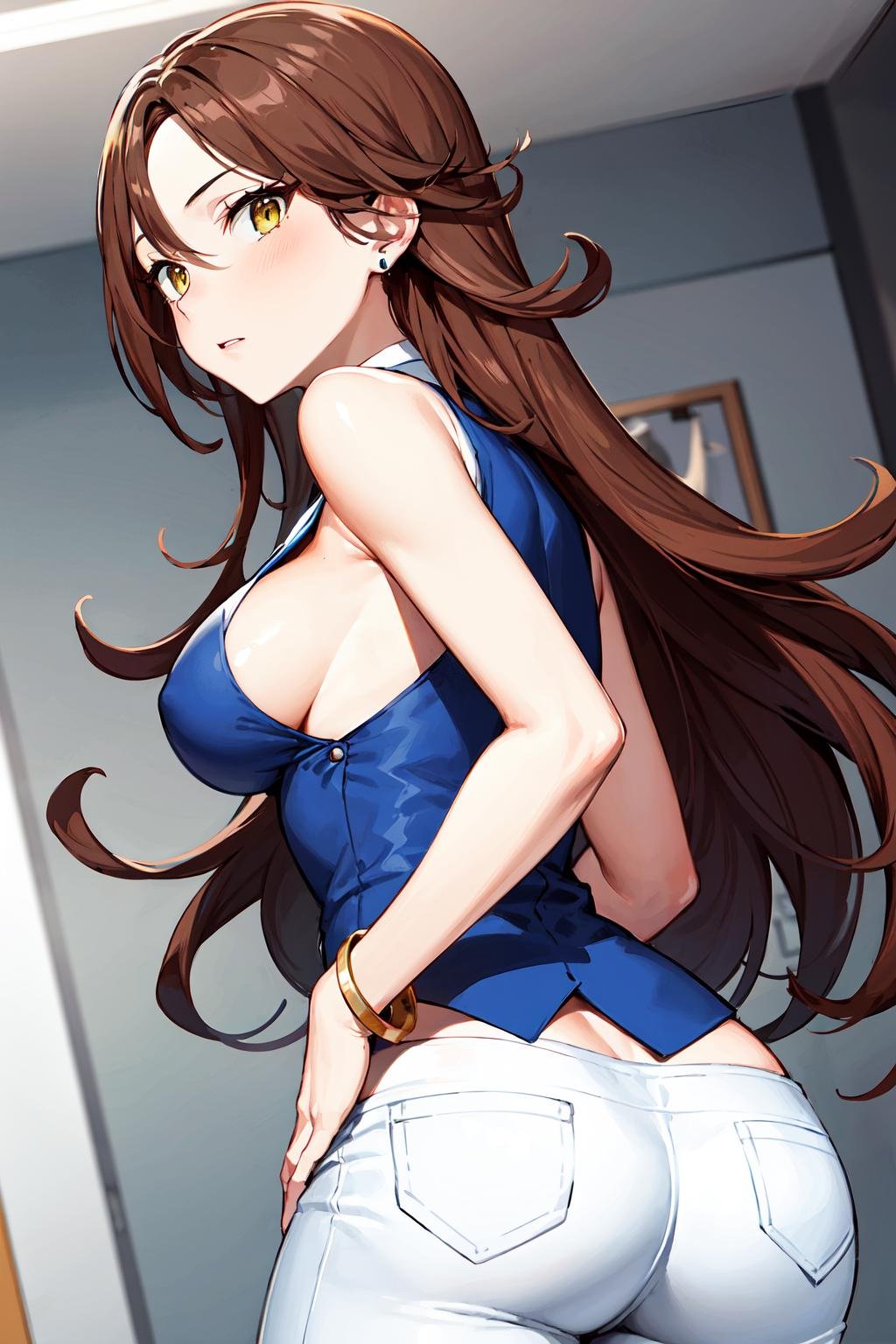 1girl, solo, breasts, long hair, brown hair, cleavage, jewelry, bracelet, yellow eyes, white pants, blue_vest, sleeveless, sumeragi lee noriega, <lora:sumeragi_lee_noriega_v10:0.7>, cowboy shot, from from behind, ass