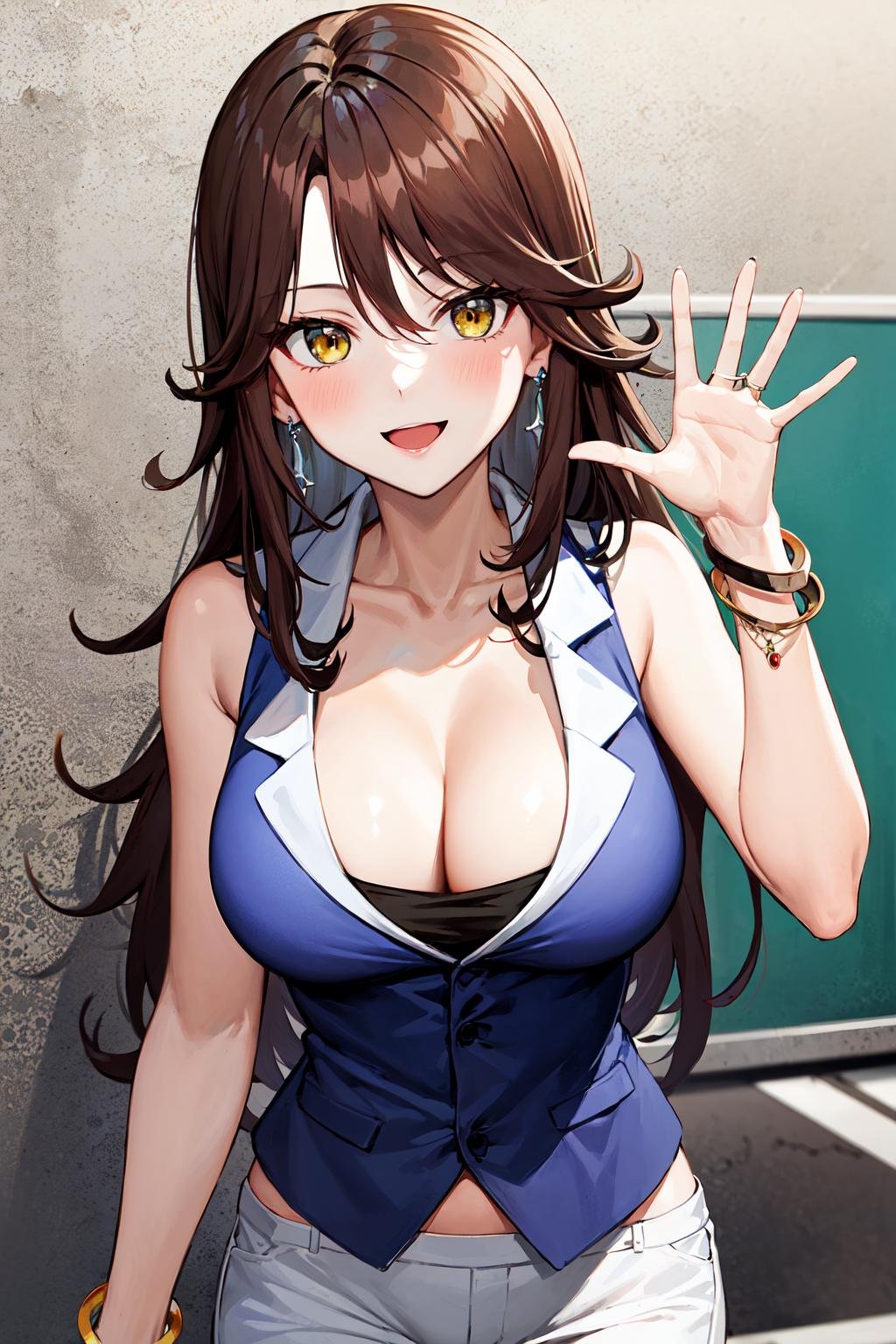 1girl, solo, breasts, long hair, brown hair, cleavage, jewelry, bracelet, yellow eyes, white pants, blue_vest, sleeveless, sumeragi lee noriega, <lora:sumeragi_lee_noriega_v10:0.7>, waving, street, smile,