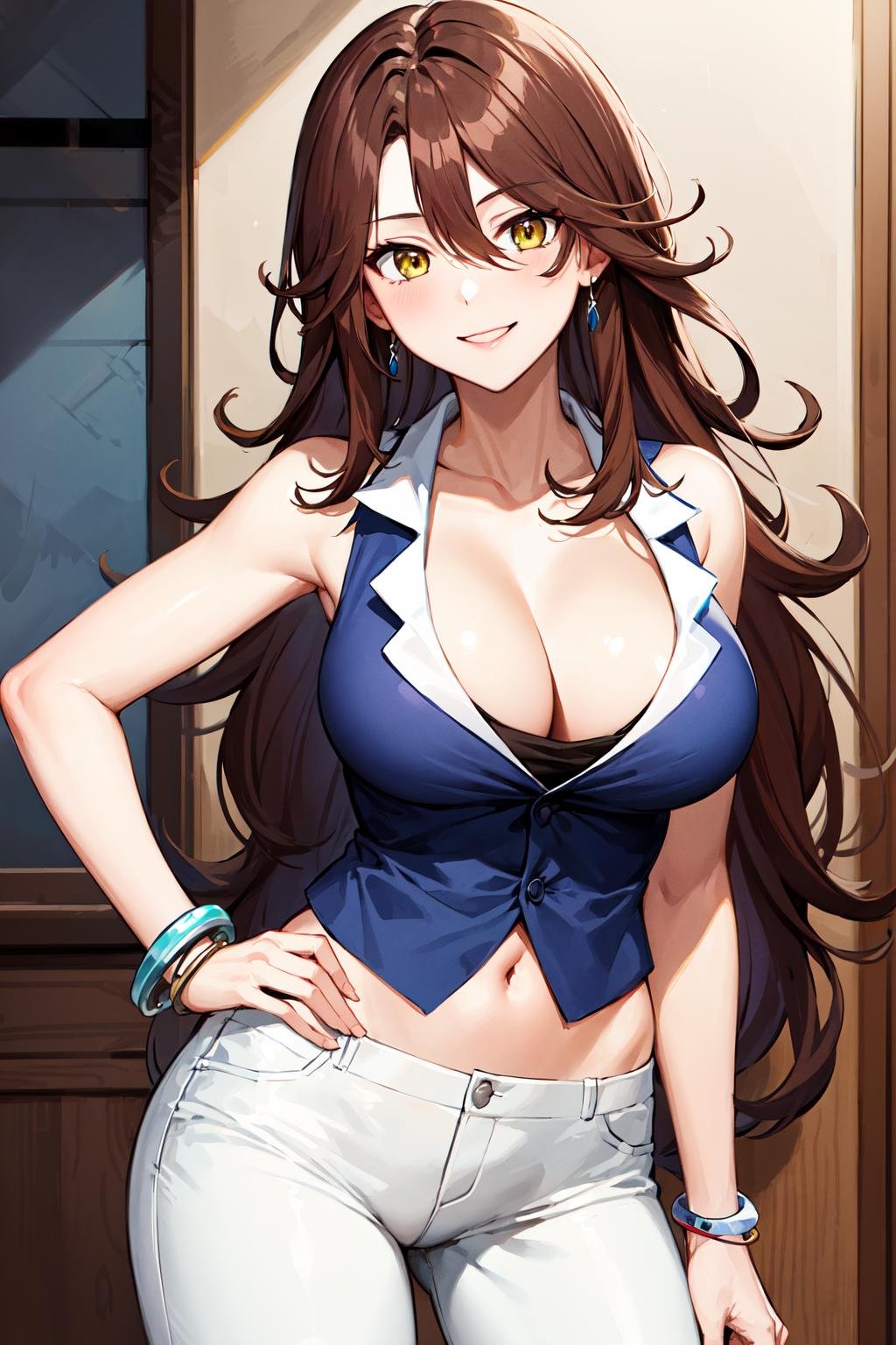 1girl, solo, breasts, long hair, brown hair, cleavage, jewelry, bracelet, yellow eyes, white pants, blue_vest, sleeveless, sumeragi lee noriega, <lora:sumeragi_lee_noriega_v10:0.7>, cowboy shot, smile,