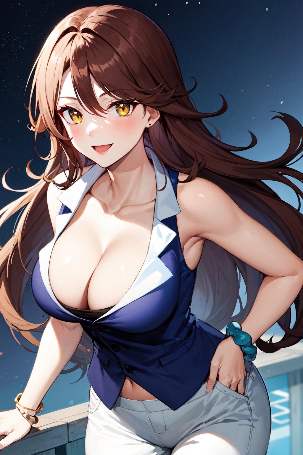 1girl, solo, breasts, long hair, brown hair, cleavage, jewelry, bracelet, yellow eyes, white pants, blue_vest, sleeveless, sumeragi lee noriega, <lora:sumeragi_lee_noriega_v10:0.7>, cowboy shot, smile,